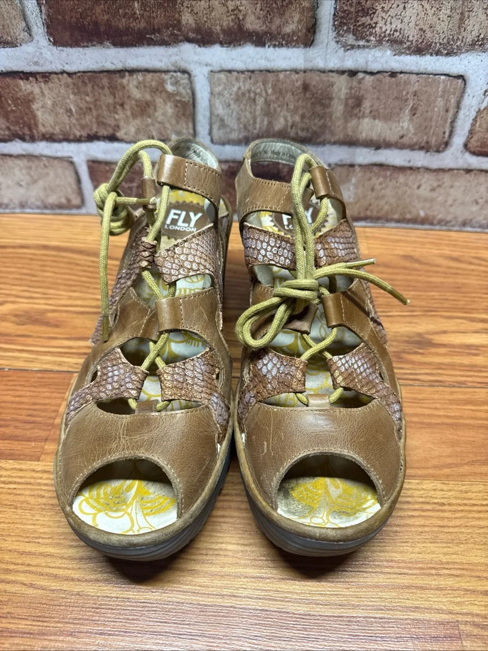 Fly London Yexa Tan Metallic Lace Up Wedge Sandals Size 39 (US 8)